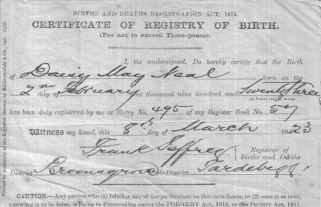 Daisy's birth certificate